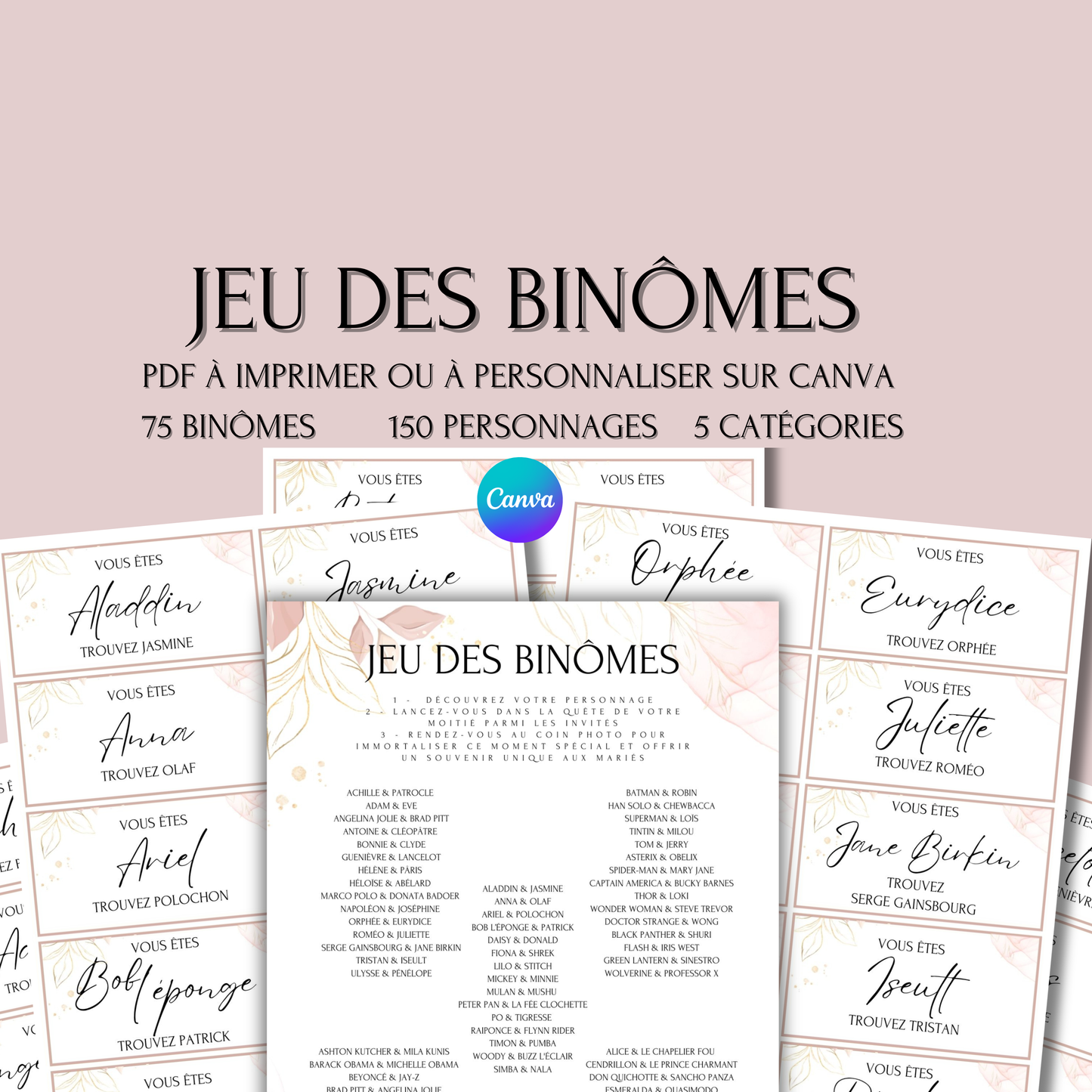 Jeu des binômes à imprimer - Carte jeu des binômes PDF - Jeu des duos célèbres - Jeu des binômes mariage liste