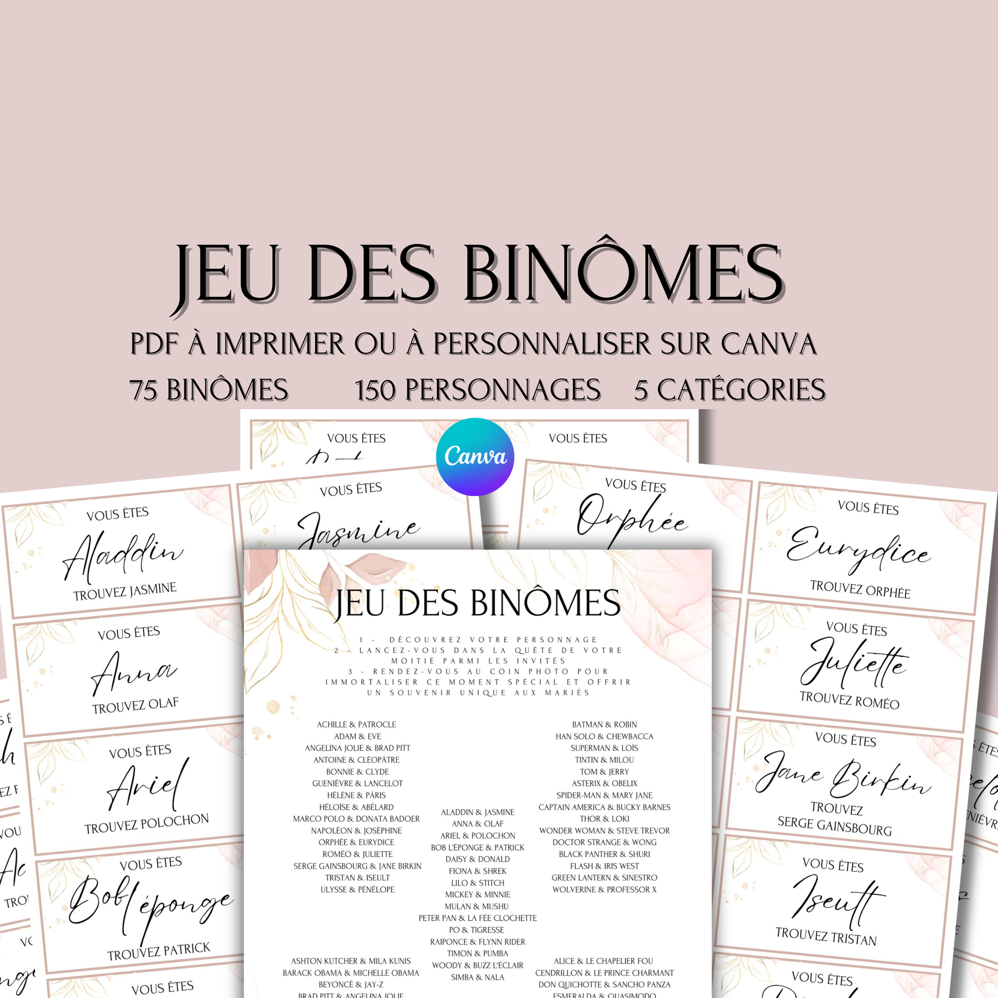 Jeu des binômes à imprimer - Carte jeu des binômes PDF - Jeu des duos célèbres - Jeu des binômes mariage liste