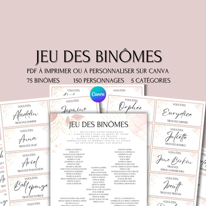 Jeu des binômes à imprimer - Carte jeu des binômes PDF - Jeu des duos célèbres - Jeu des binômes mariage liste