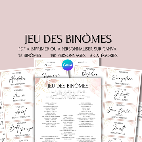Jeu des binômes à imprimer - Carte jeu des binômes PDF - Jeu des duos célèbres - Jeu des binômes mariage liste