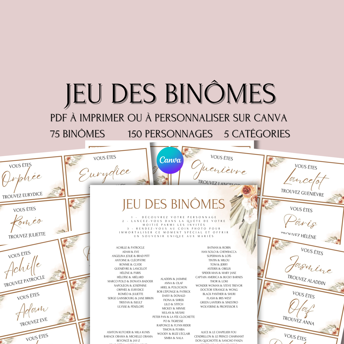 Jeu des binômes à imprimer - Carte jeu des binômes PDF - Jeu des duos célèbres - Jeu des binômes mariage liste