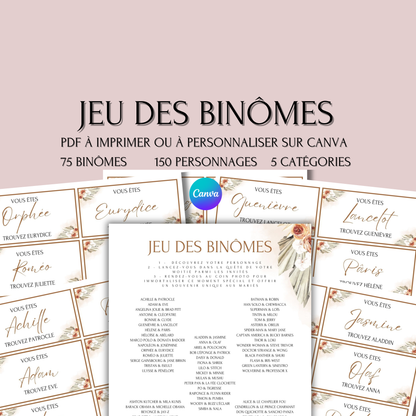 Jeu des binômes à imprimer - Carte jeu des binômes PDF - Jeu des duos célèbres - Jeu des binômes mariage liste