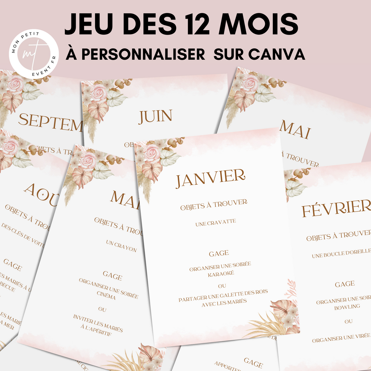 Jeu des 12 mois à personnaliser Canva - Boho Fleuri Chic - Activité mariage PDF