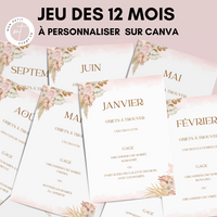 Jeu des 12 mois à personnaliser Canva - Boho Fleuri Chic - Activité mariage PDF