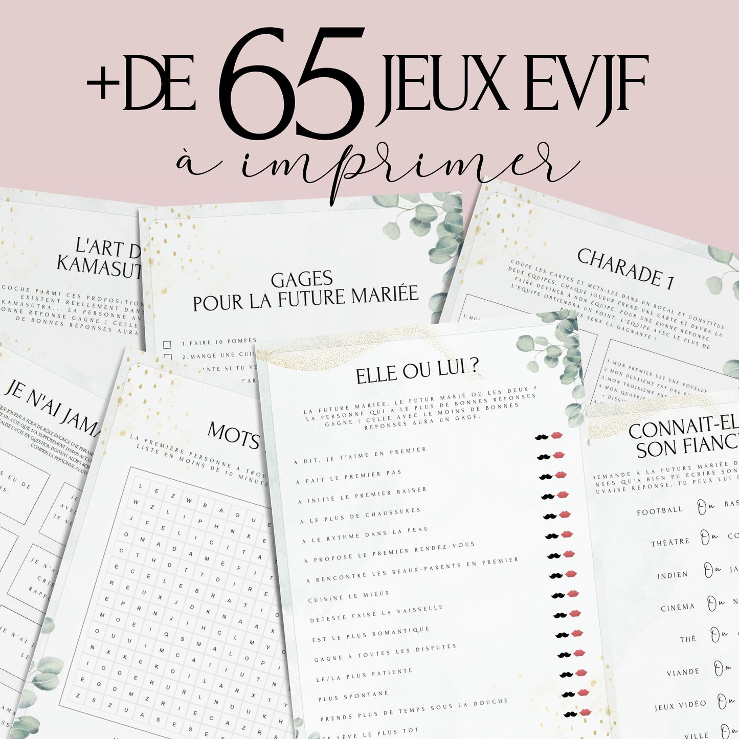 Jeux EVJF à domicile Thème Eucalyptus: 60 jeux imprimables pour un EVJF à la maison - Gages pour Evjf - Activités Evjf