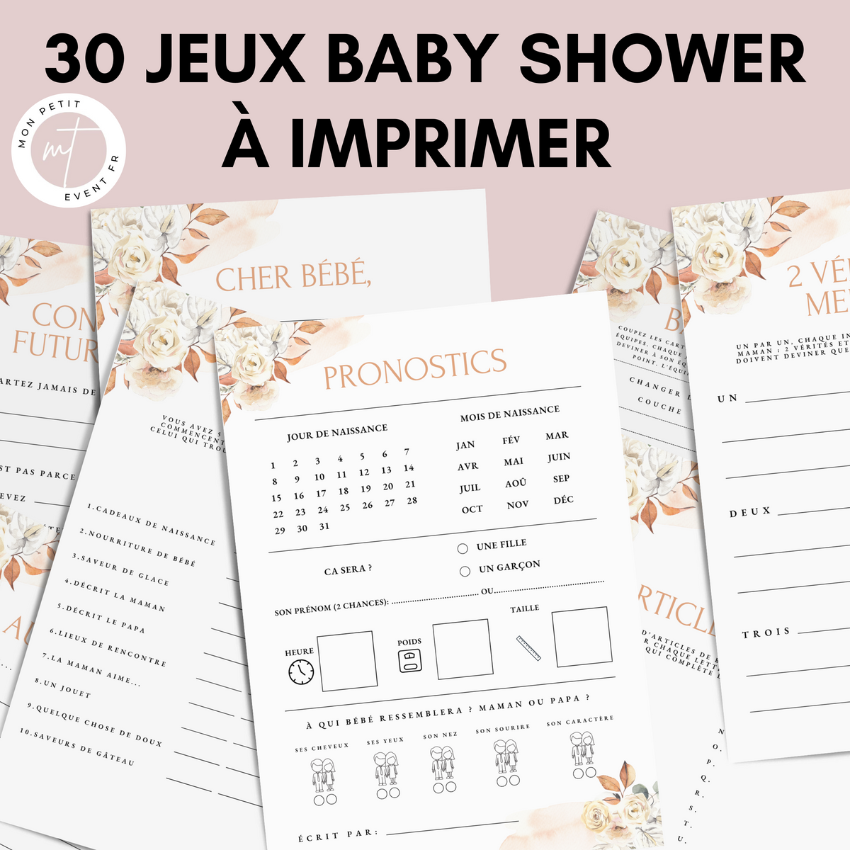 Jeux Baby Shower à Imprimer Boho Fleuri - 30 Activités Fête Prénatale