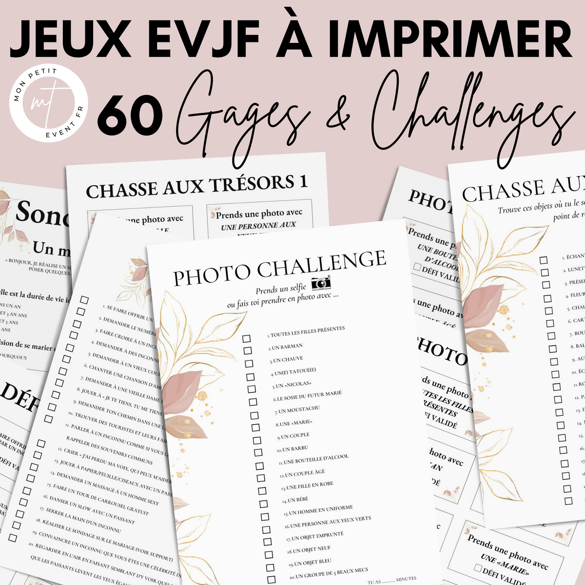 Jeux EVJF en Ville à Imprimer Rose & Gold Fleuri - 60 Gages & Défis