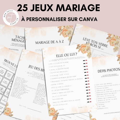 Jeux de mariage à personnaliser Canva - Orange Fleuri - 25 cartes PDF à imprimer