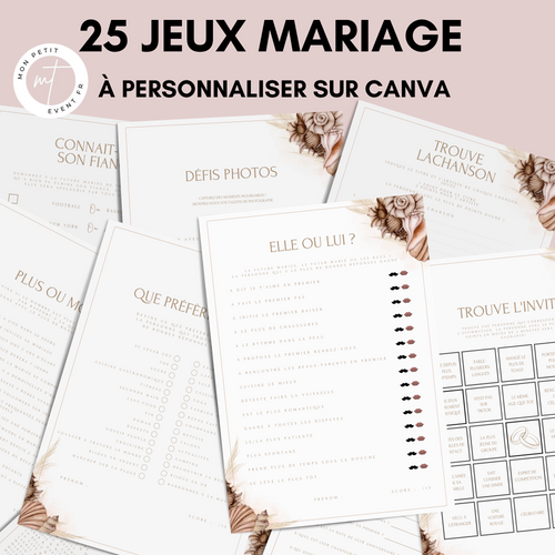 Jeux de mariage à personnaliser Canva - Mer & Élégant - 25 cartes PDF à imprimer