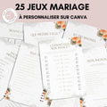 Jeux de mariage à personnaliser Canva - Aquarelle Fleuri - 25 cartes PDF à imprimer