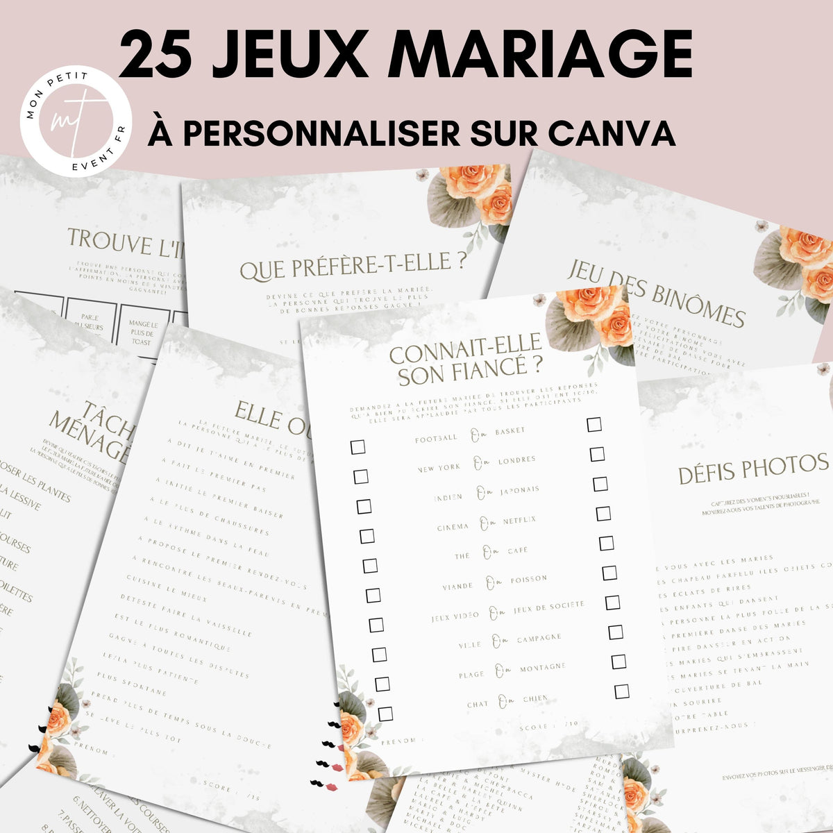 Jeux de mariage à personnaliser Canva - Aquarelle Fleuri - 25 cartes PDF à imprimer