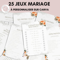 Jeux de mariage à personnaliser Canva - Aquarelle Fleuri - 25 cartes PDF à imprimer