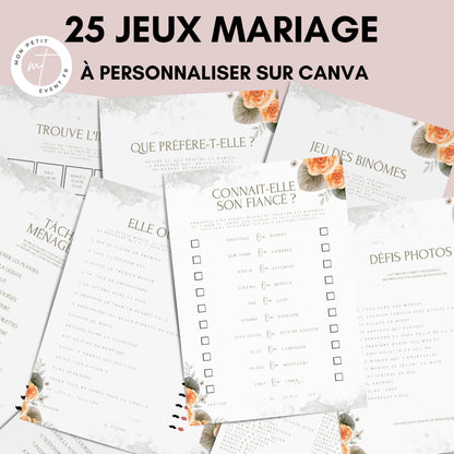 Jeux de mariage en français : activités, 25 cartes à imprimer, animations de table, défis photos et EVJF.