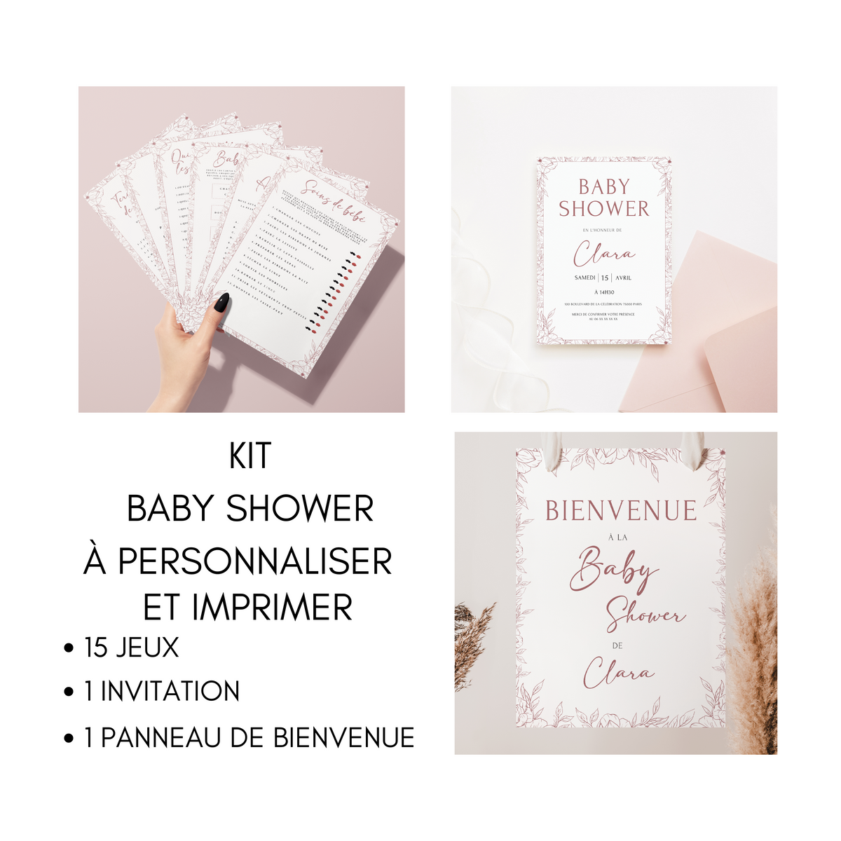 Kit Jeux Baby Shower à personnaliser Canva - Floral Boho Chic - PDF à imprimer