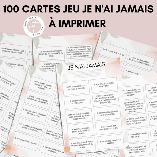 Jeu Je n'ai jamais à imprimer - Rose et Vert Fleuri - 100 Cartes pour adultes PDF
