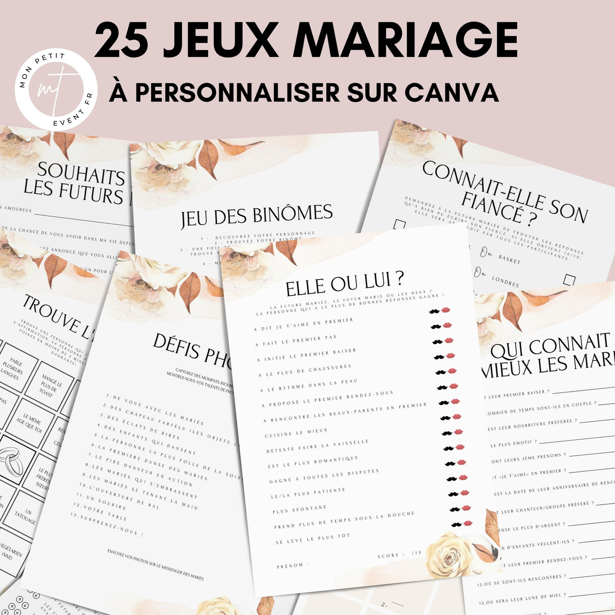 Jeux de mariage à personnaliser Canva - Boho Fleuri - 25 cartes PDF à imprimer