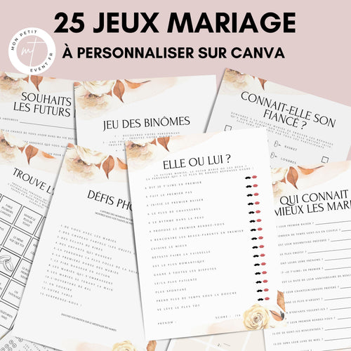Jeux de mariage à personnaliser Canva - Boho Fleuri - 25 cartes PDF à imprimer