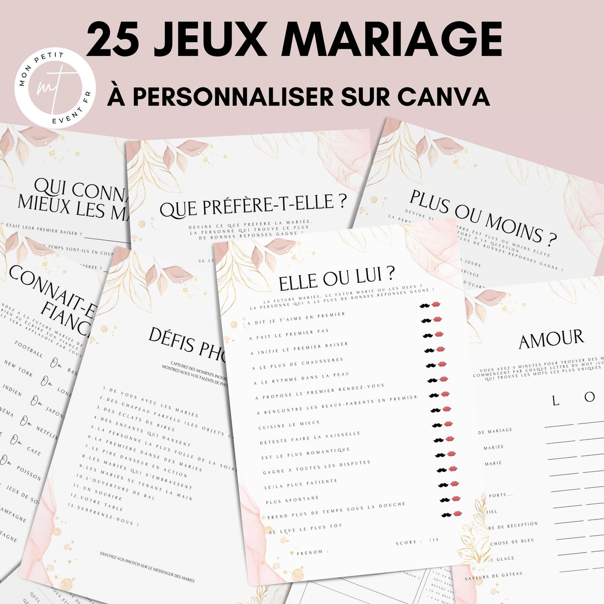 Jeux de mariage à personnaliser Canva - Rose Fleuri - 25 cartes PDF à imprimer