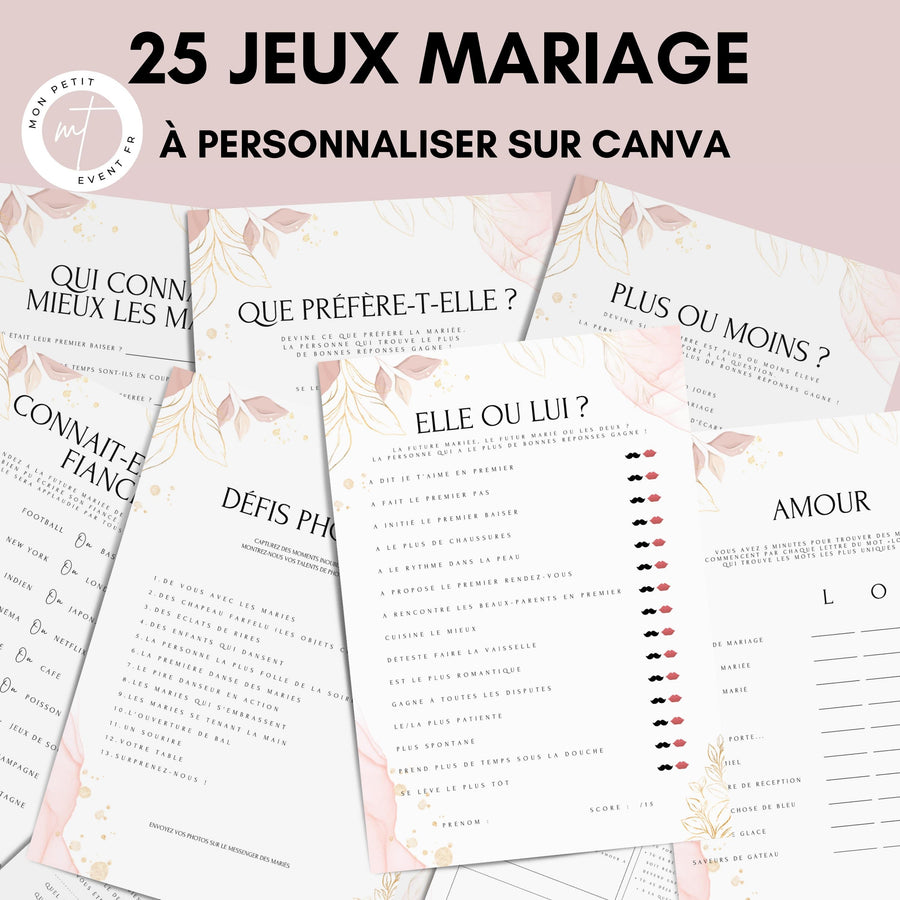Jeux de mariage à personnaliser Canva - Rose Fleuri - 25 cartes PDF à imprimer