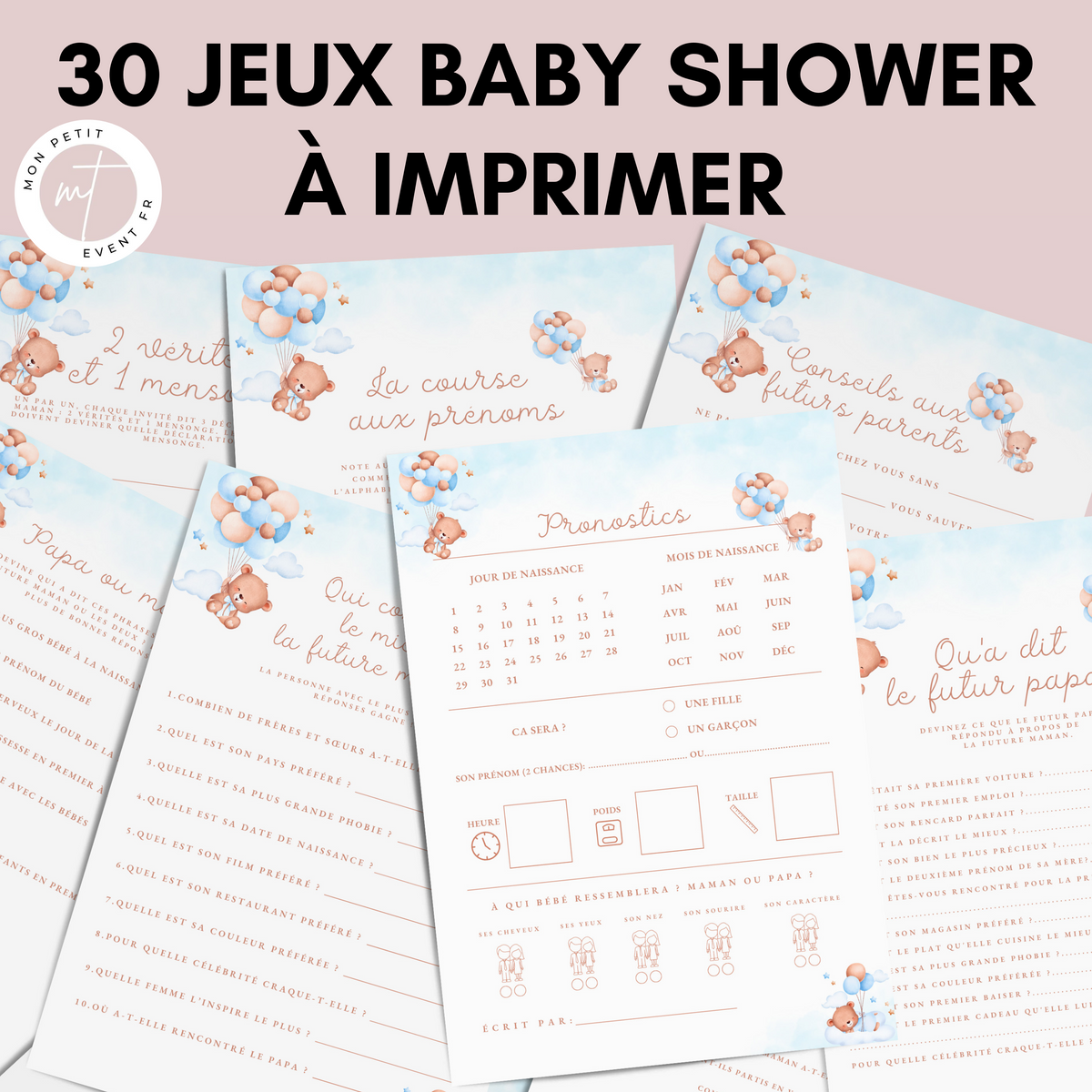 Jeux Baby Shower à Imprimer Bleu Élégant - 30 Activités Fête Prénatale