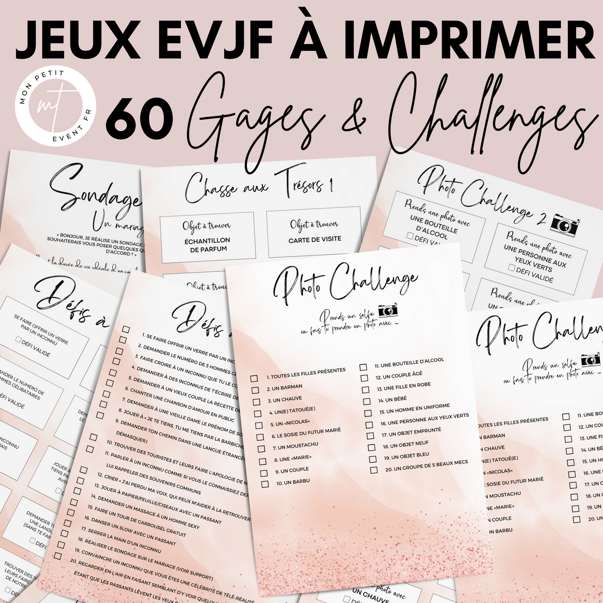 Jeux EVJF en Ville à Imprimer Rose & Blanc Pailleté - 60 Gages & Défis