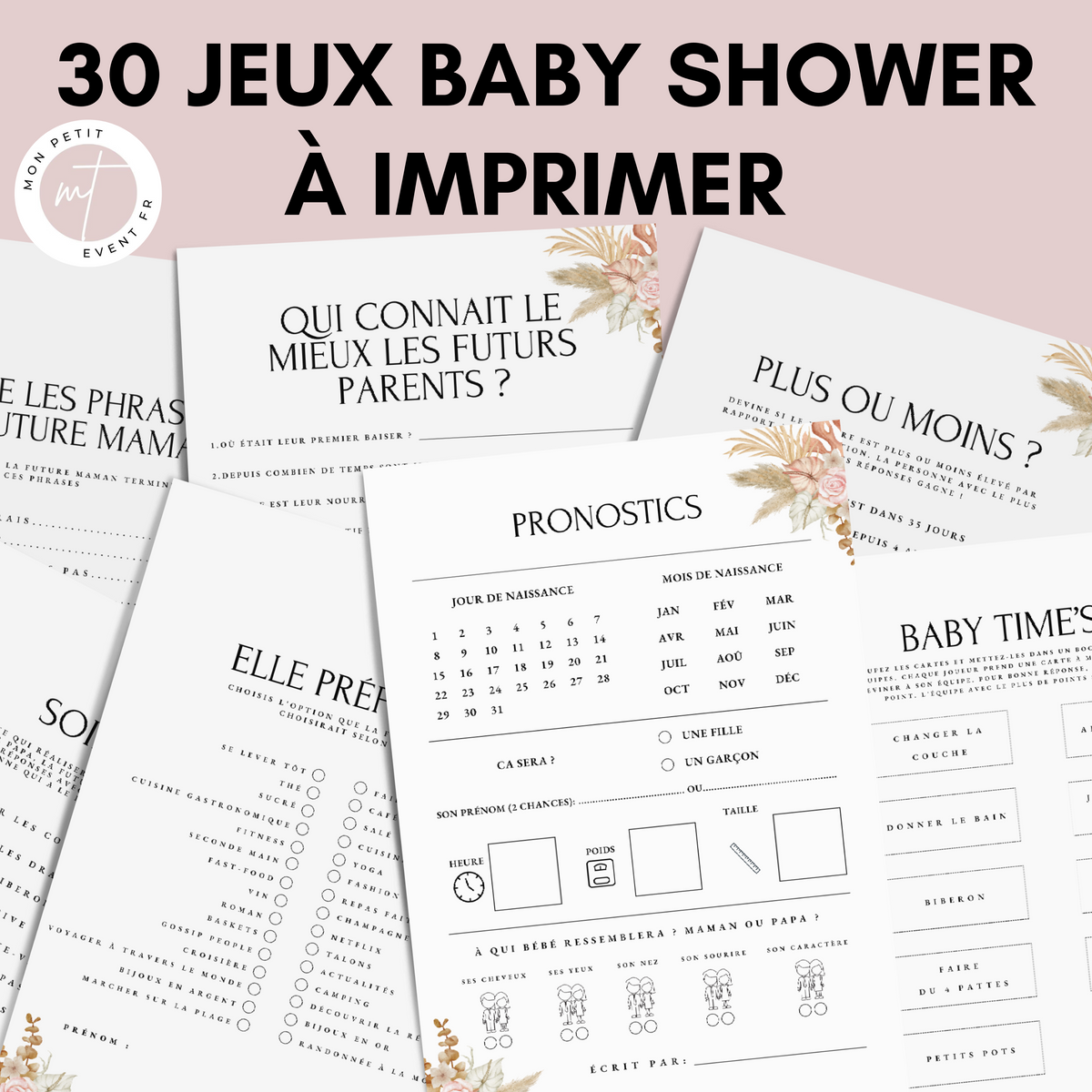 Jeux Baby Shower à Imprimer Boho Fleuri Élégant - 30 Activités Fête Prénatale