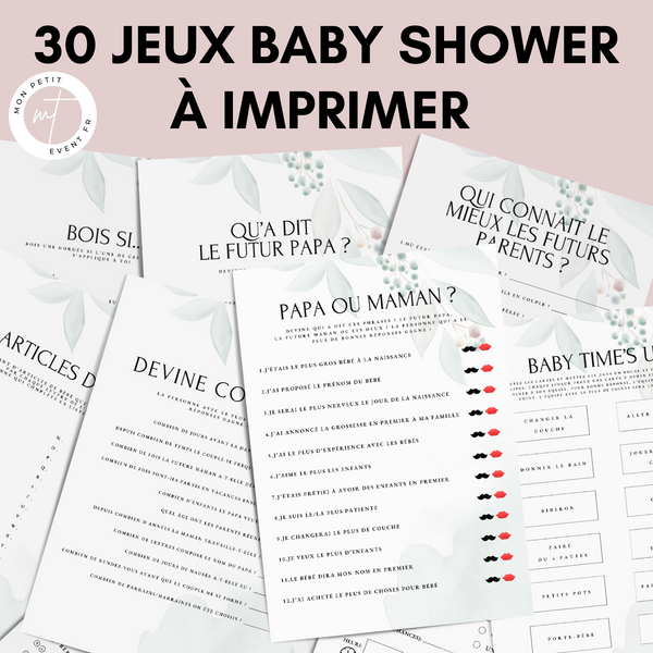 Jeux Baby Shower à Imprimer Vert Élégant - 30 Activités Fête Prénatale