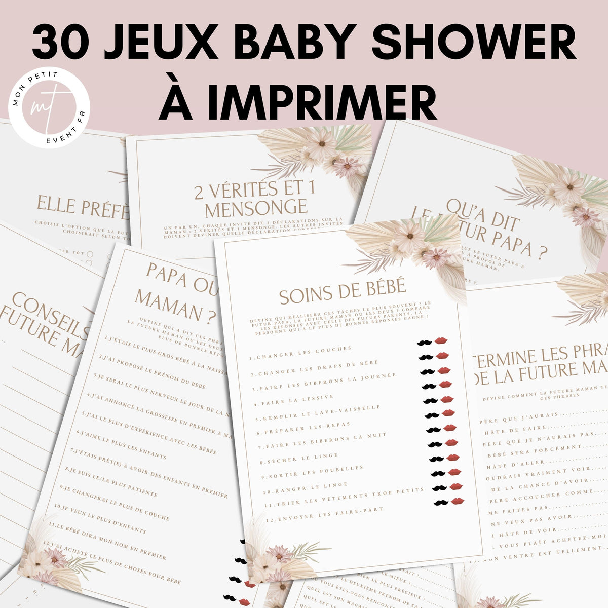 Jeux Baby Shower à Imprimer Rose Floral - 30 Activités Fête Prénatale