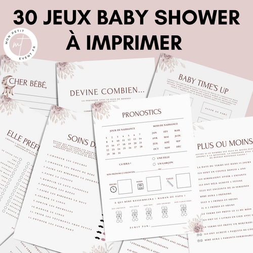 Jeux Baby Shower à Imprimer Fleuri Mauve - 30 Activités Fête Prénatale