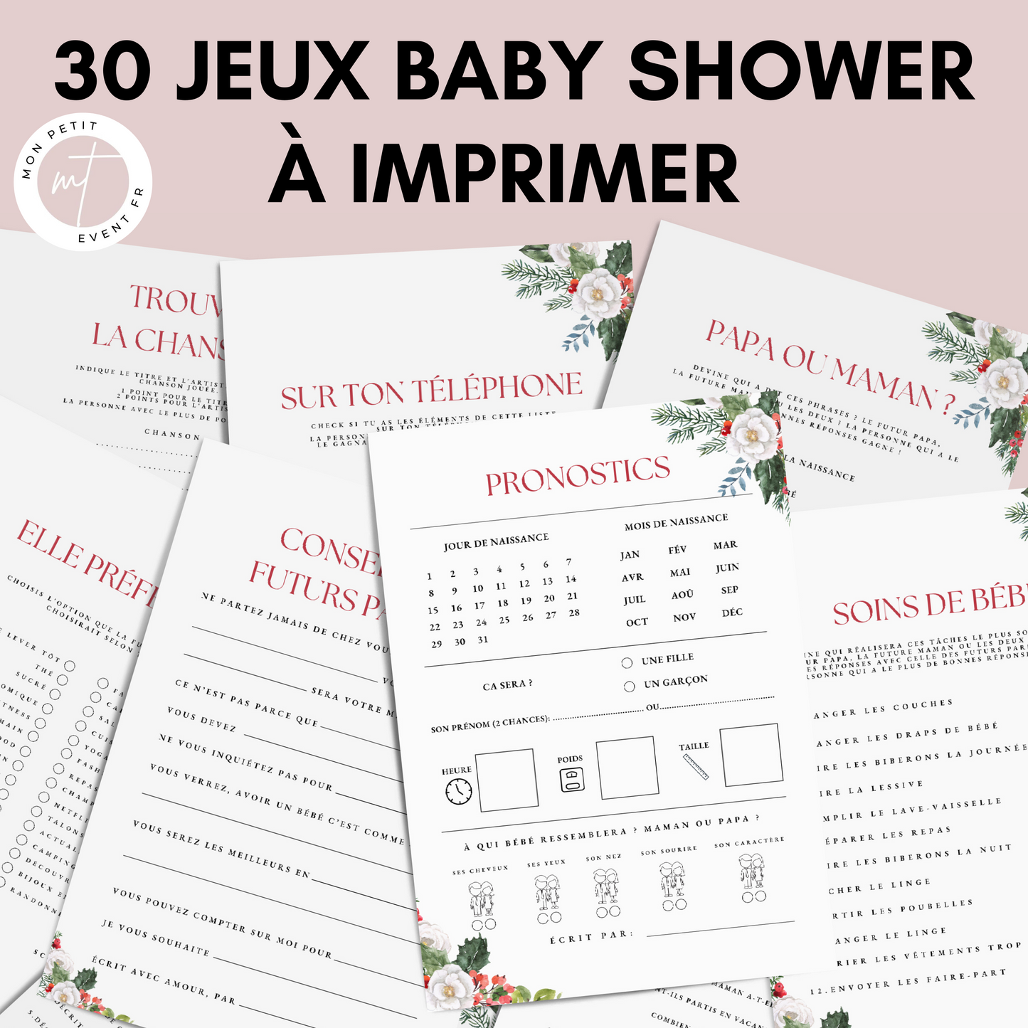 Jeux Baby Shower Thème Noël à imprimer - Activités Baby Shower en français - Carte de jeux Fête Prénatale - Prédiction Bébé Français