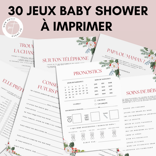 Jeux Baby Shower Thème Noël à imprimer - Activités Baby Shower en français - Carte de jeux Fête Prénatale - Prédiction Bébé Français