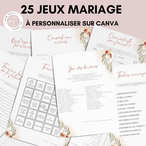 Jeux de mariage à personnaliser Canva - Terracotta Fleuri - 25 cartes PDF à imprimer