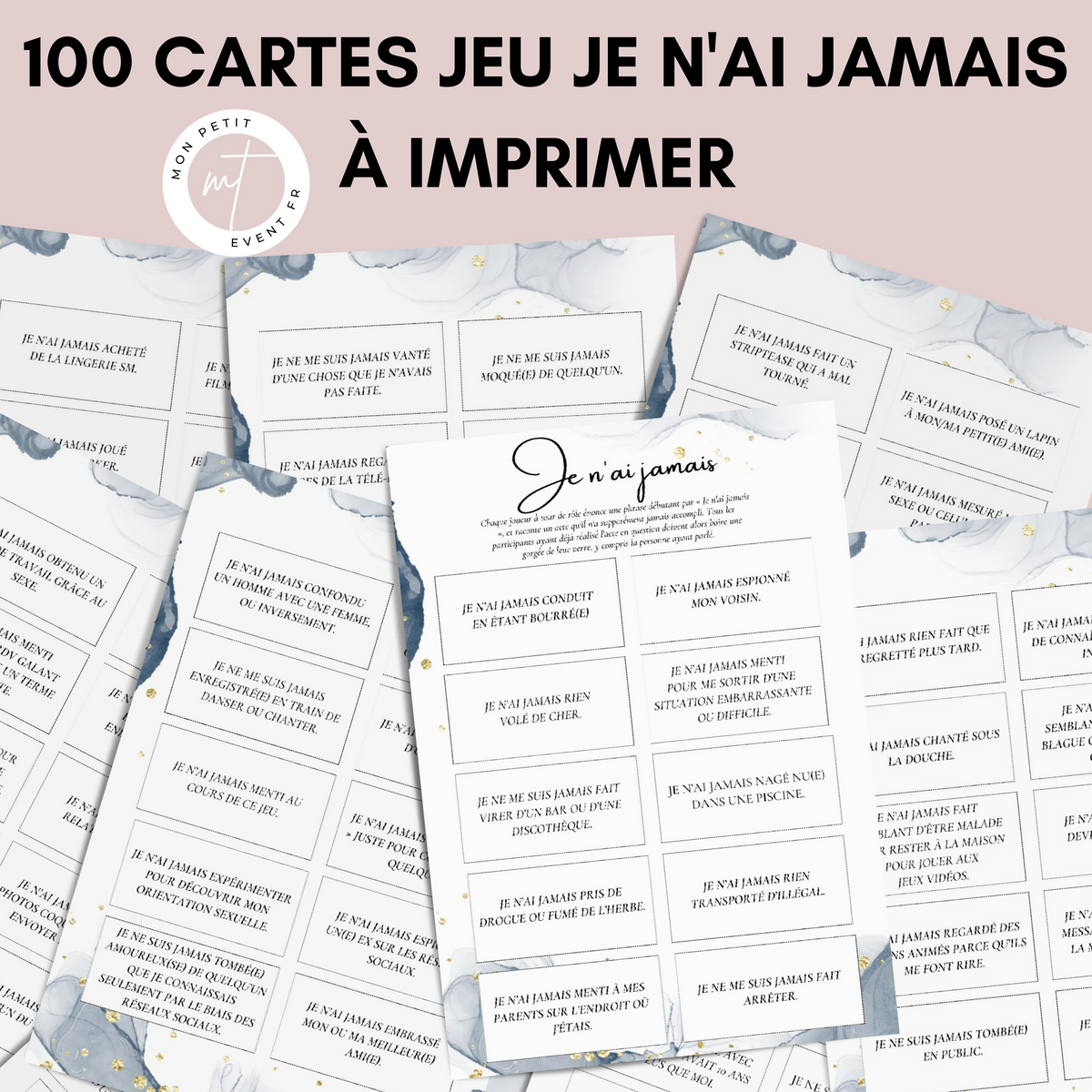Jeu Je n'ai jamais à imprimer - Aquarelle Bleu - 100 Cartes pour adultes PDF
