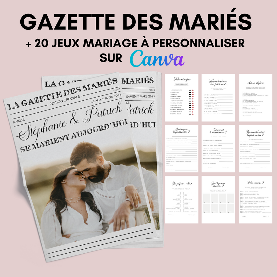 Pack Gazette des mariés Moderne + 20 Jeux à personnaliser Canva - Journal de mariage PDF