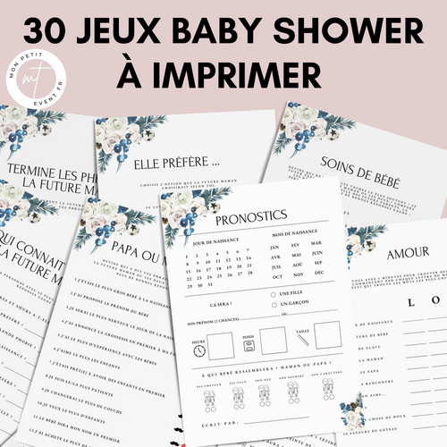 Jeux Baby Shower à Imprimer Noël Bleu Fleuri - 30 Activités Fête Prénatale
