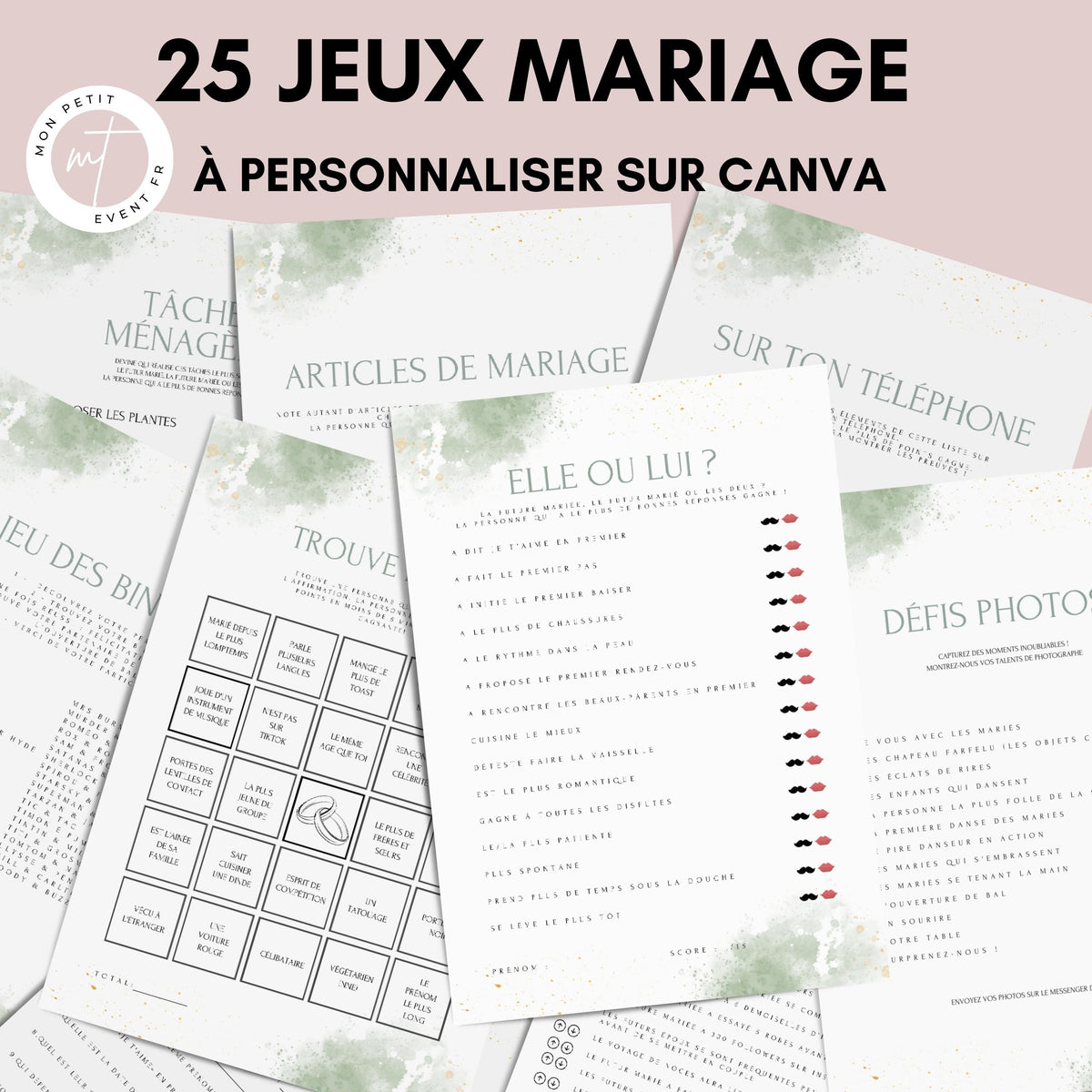 Jeux de mariage à personnaliser Canva - Aquarelle Vert - 25 cartes PDF à imprimer