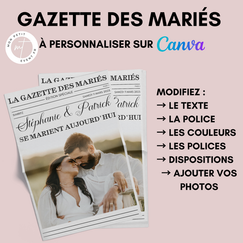 Gazette des mariés à personnaliser Canva - Moderne et Élégant - Journal de mariage PDF