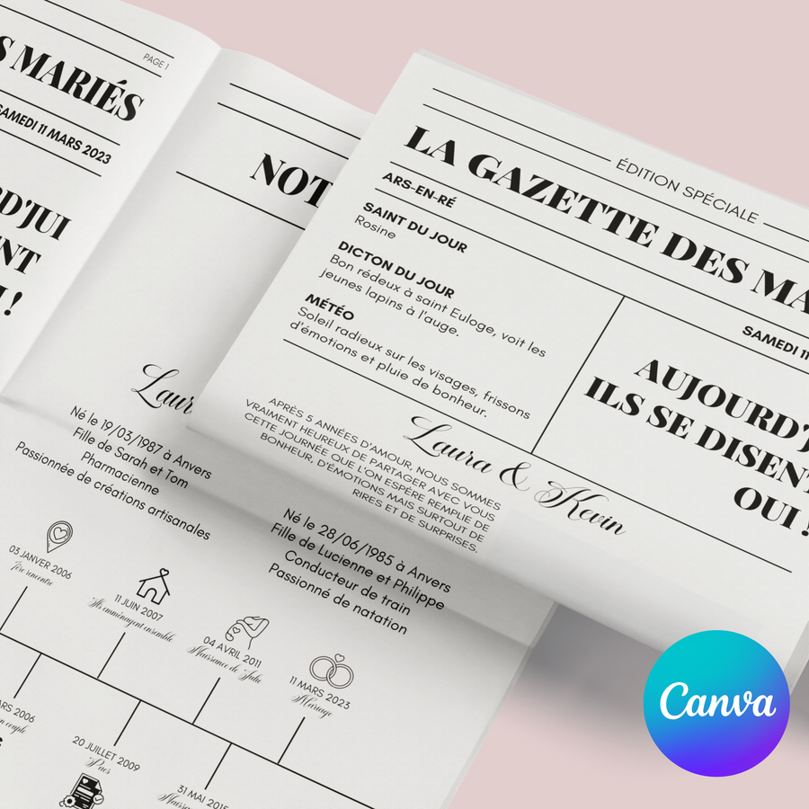 Pack Gazette des mariés + 20 Jeux à personnaliser Canva - Journal de mariage PDF