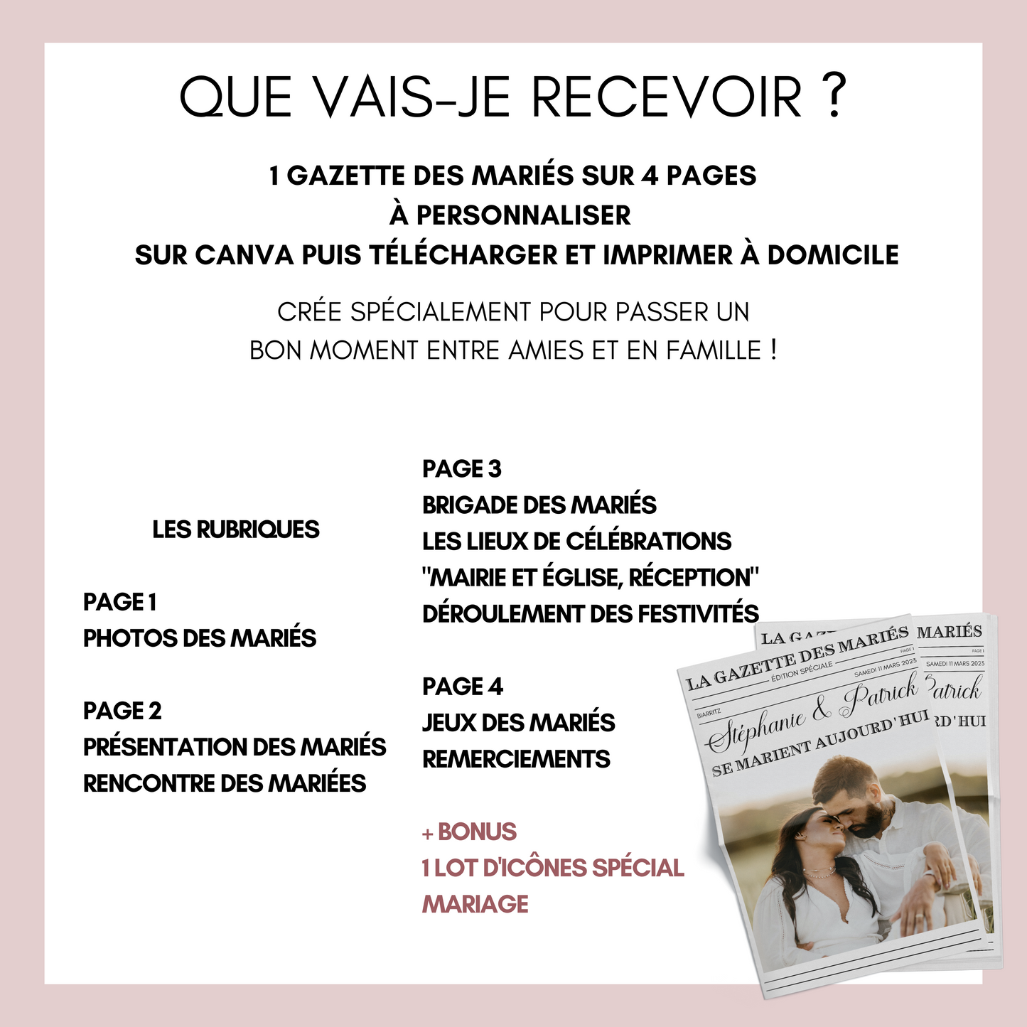 Gazette de Mariage à Personnaliser sur Canva : Modèle DIY Gazette des mariés Format A3 et A4 pour une Célébration Inoubliable -
