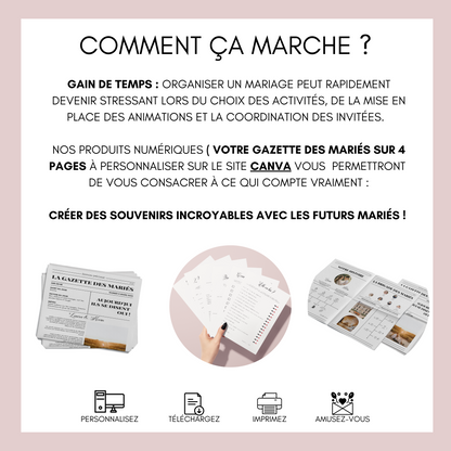 Gazette des mariés - Rendez votre Mariage Inoubliable avec notre Gazette des mariés et une Sélection de 20 Jeux à personnalisée sur Canva !