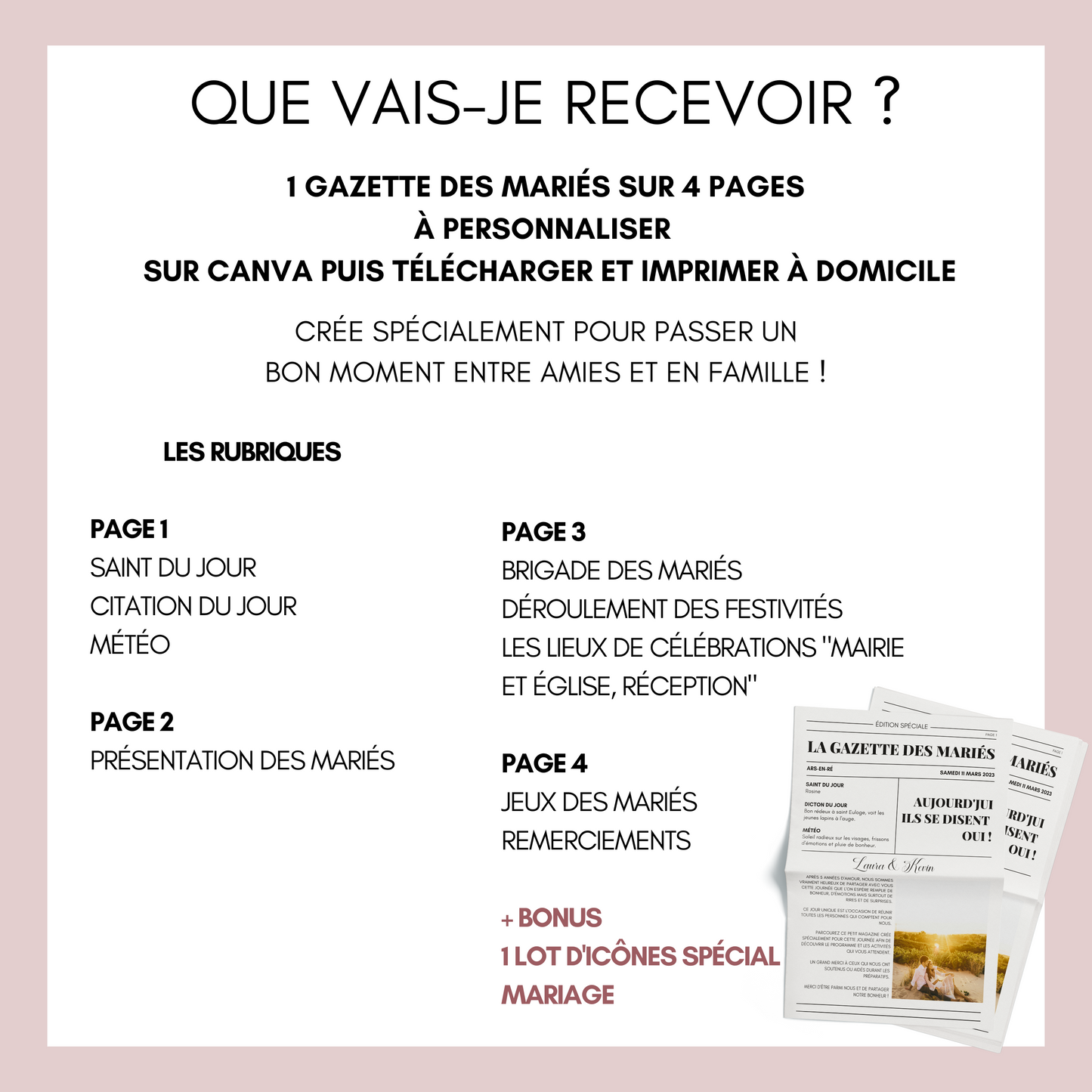 Gazette de Mariage à Personnaliser sur Canva : Modèle DIY Format Magazine A3 et A4 pour une Célébration Inoubliable - Cadeau Invités Mariage