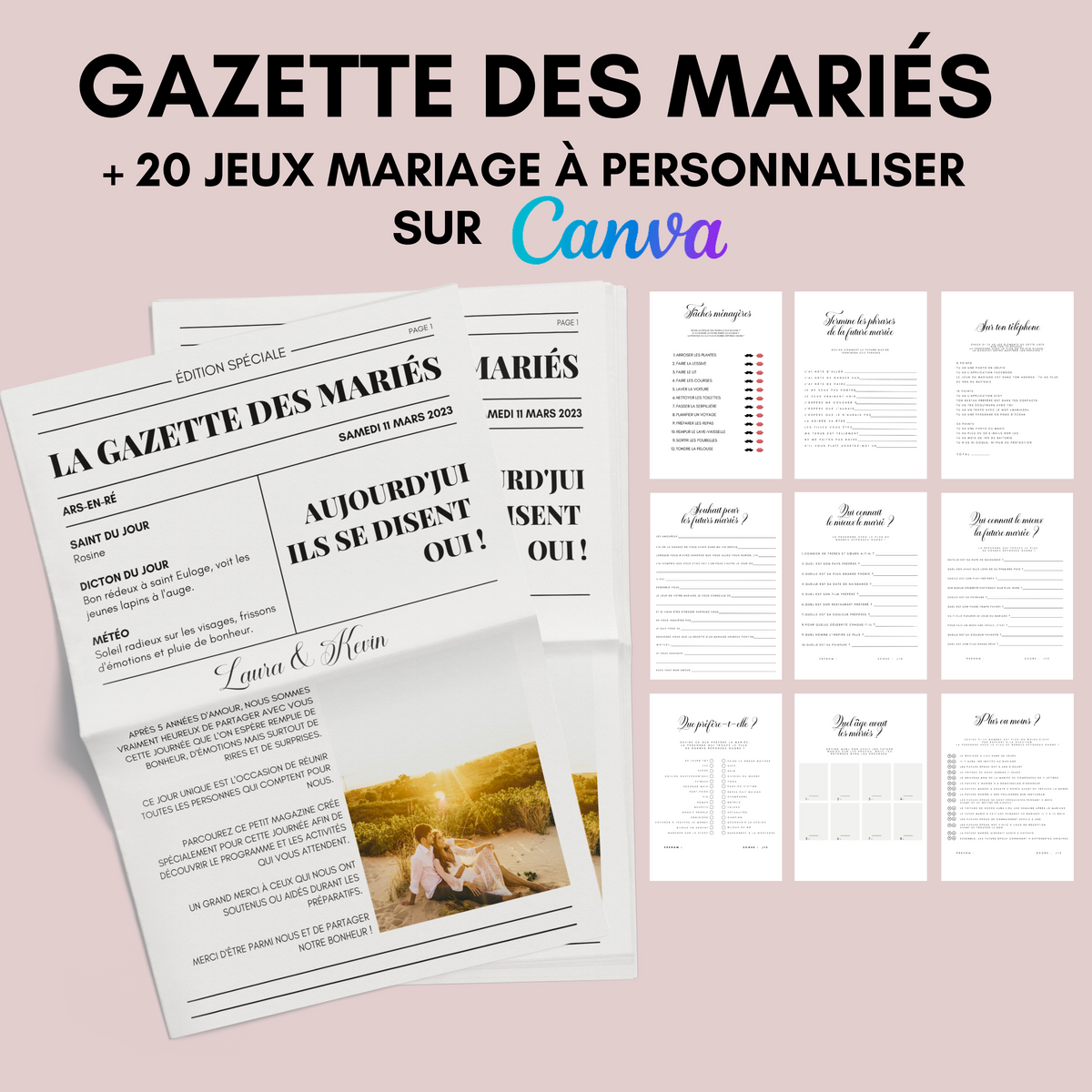 Pack Gazette des mariés + 20 Jeux à personnaliser Canva - Journal de mariage PDF